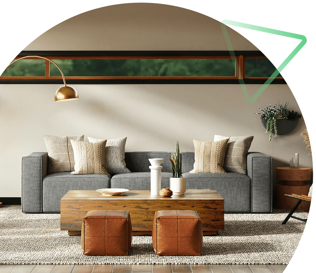 Salon dans une maison avec un canapé gris et une table basse en bois
