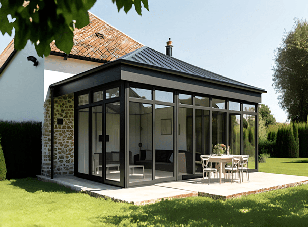 Extension d'une maison en verre relié à l'existant