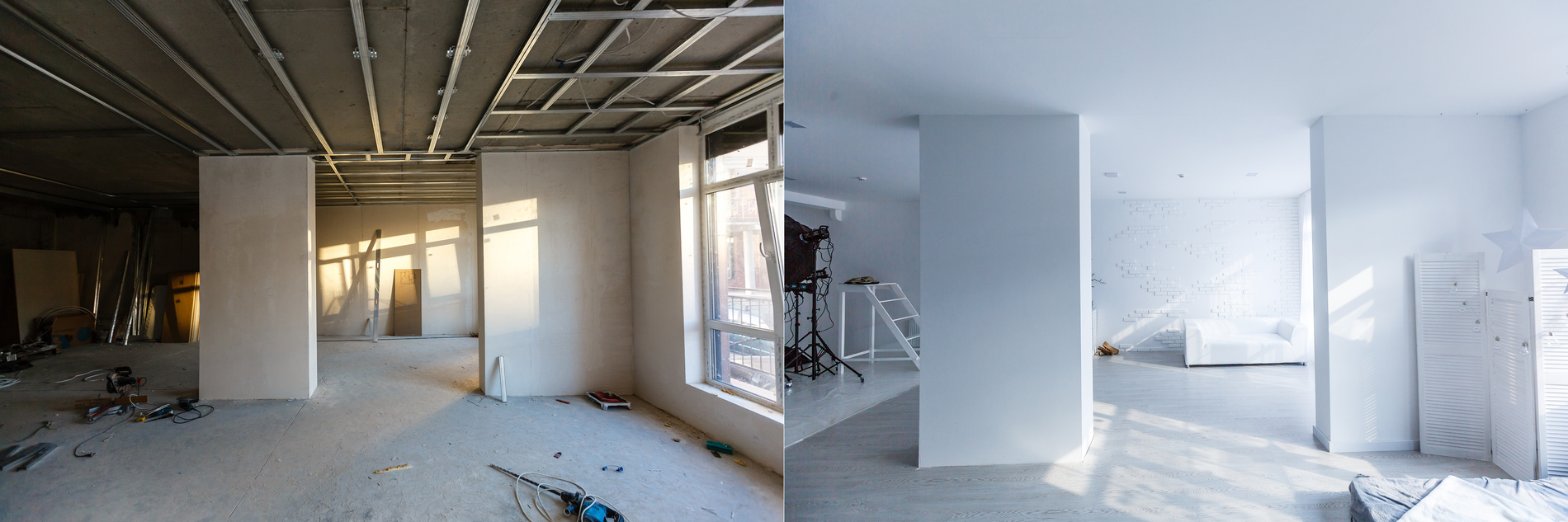 Rénovation d'appartement, pièce vide avant et après les travaux : ancien et nouveau décor intérieur