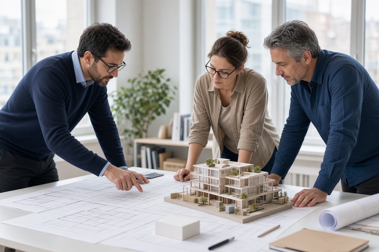 Ingénieur structure en réunion sur des plans 2D