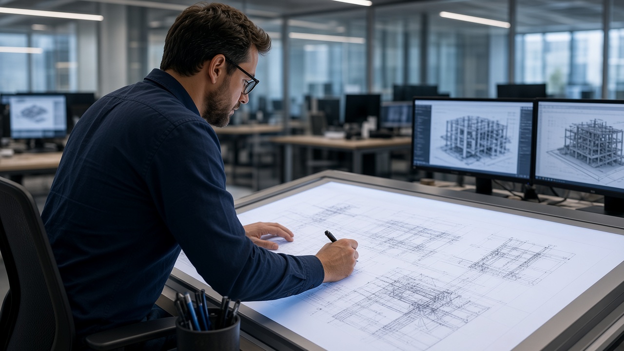 Ingénieur structure en train de travailler sur des plans au format A0