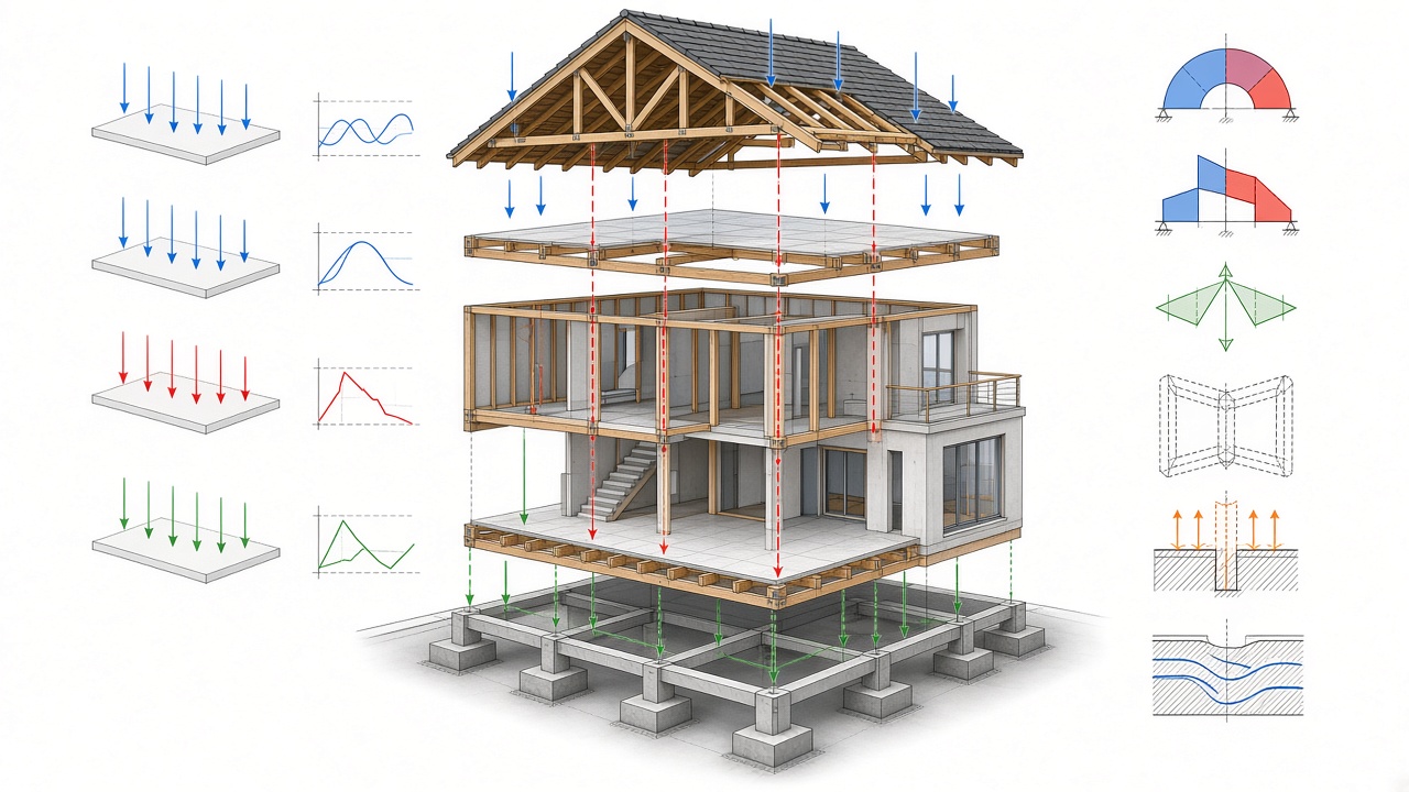 Vue éclatée d'une maison individuelle avec superposition des calculs structurels, charges, fondations, poutres, murs porteurs et charpente visibles